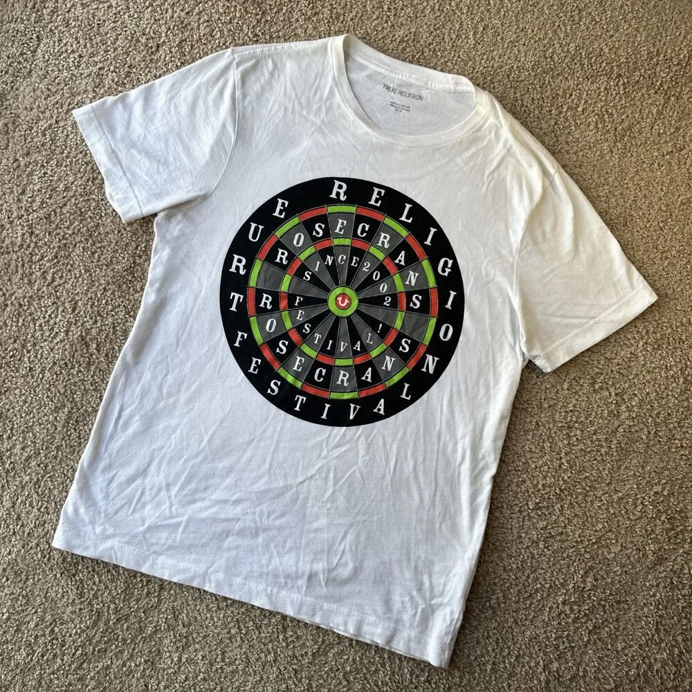 True Religion T-Shirt Dartboard Rosecrans Festival XS White Graphic Print